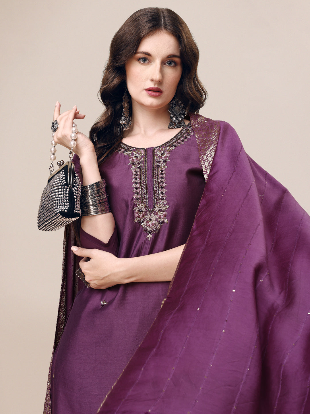 Hand Embroidered Kurta With Pant & Dupatta Set, Multicolor - Hiral Fashion - Distacart