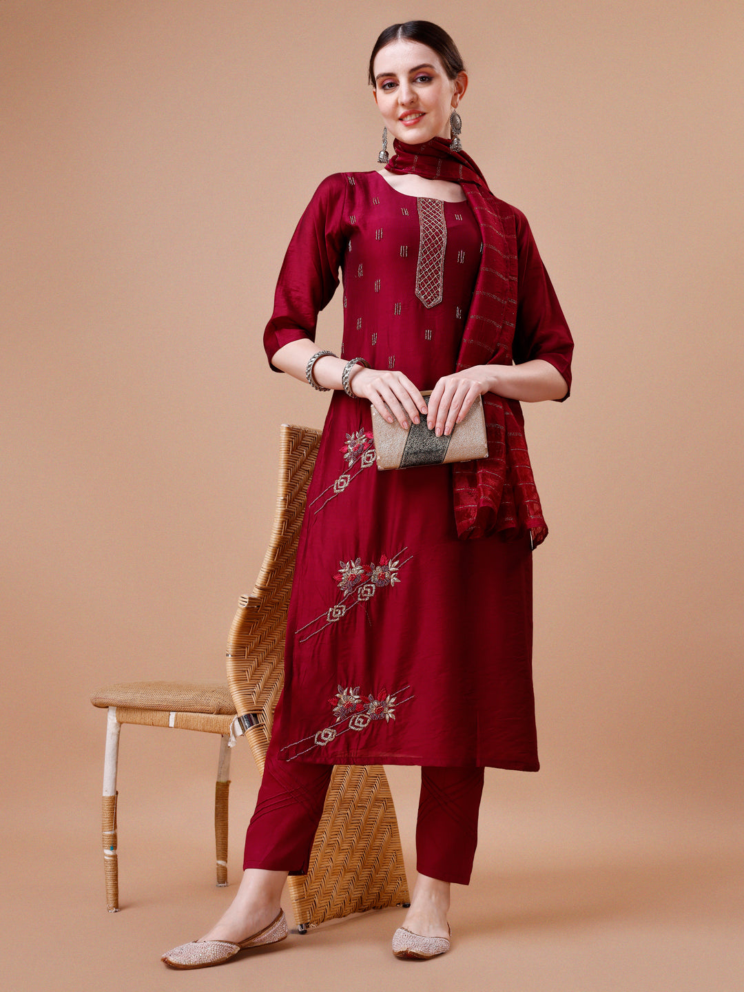 Placement Hand Embroidered Kurta With Pant & Dupatta Set, Multicolor - Hiral Fashion - Distacart