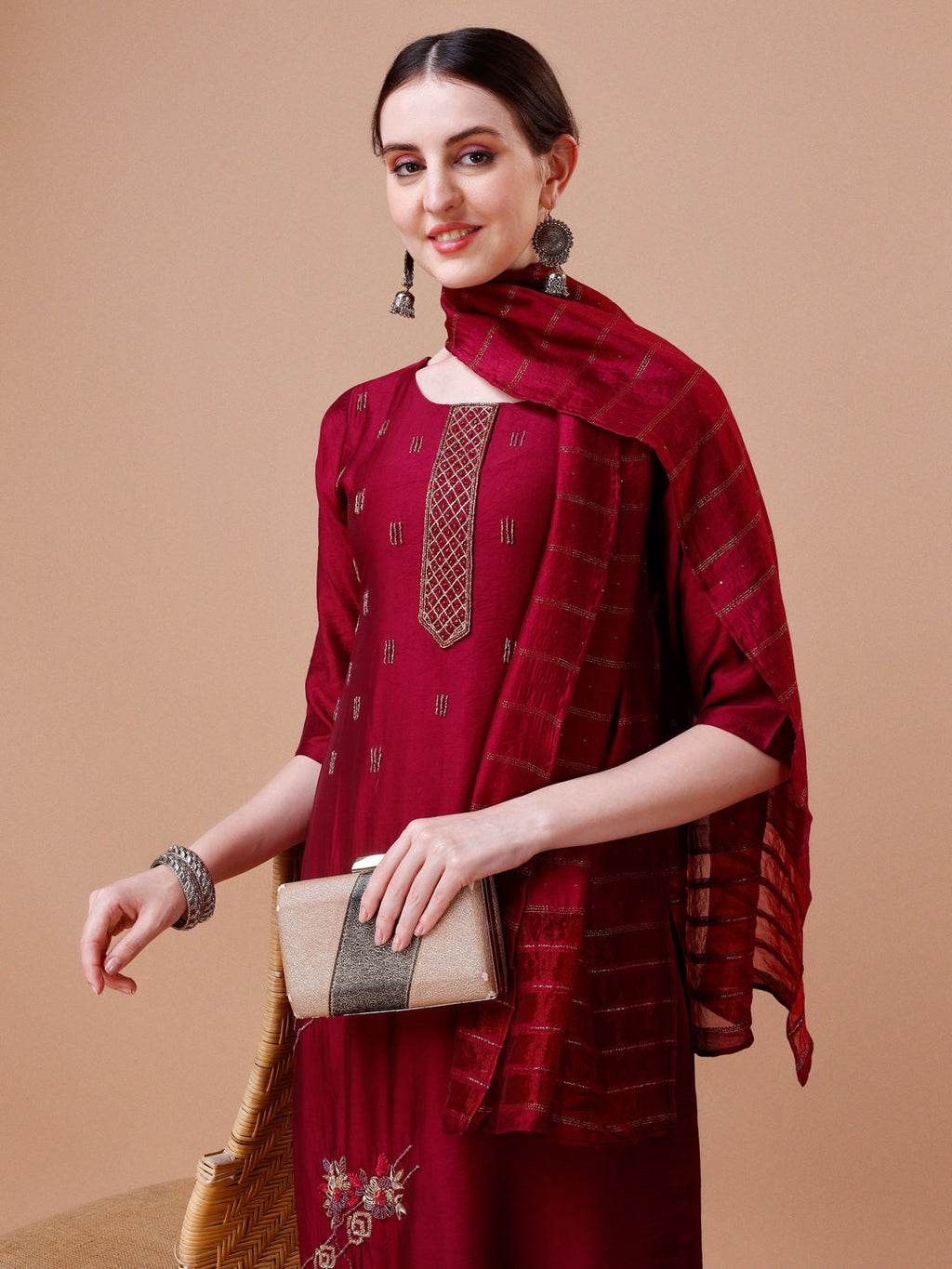 Placement Hand Embroidered Kurta With Pant & Dupatta Set, Multicolor - Hiral Fashion - Distacart