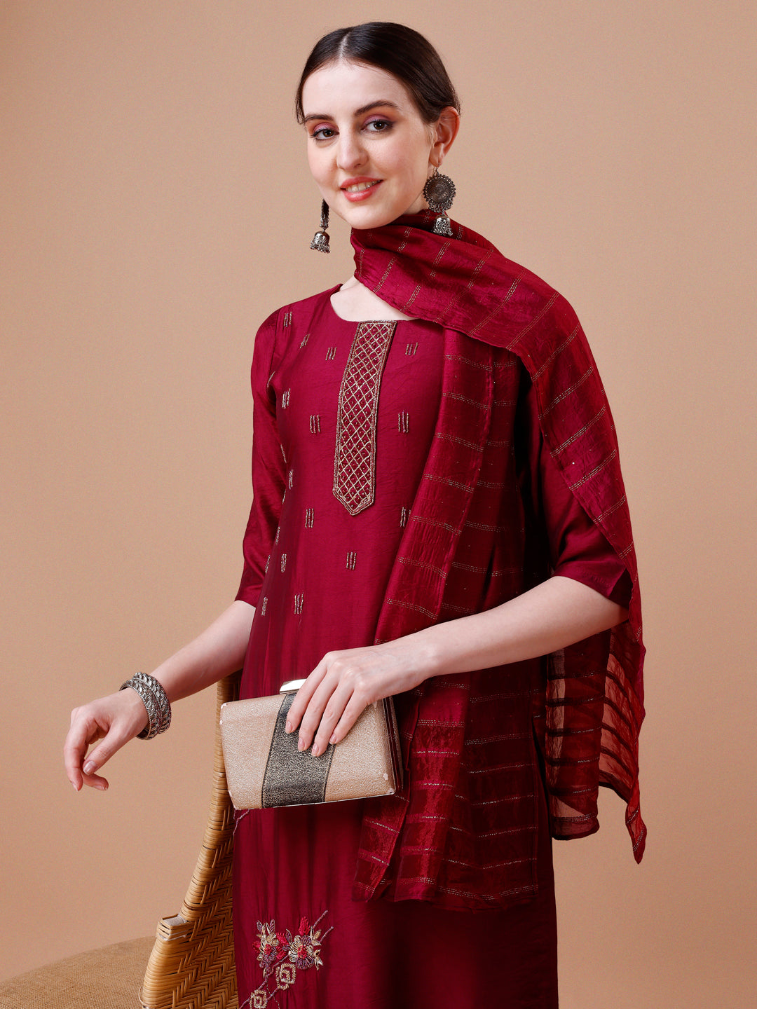 Placement Hand Embroidered Kurta With Pant & Dupatta Set, Multicolor - Hiral Fashion - Distacart