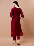 Placement Hand Embroidered Kurta With Pant & Dupatta Set, Multicolor - Hiral Fashion - Distacart