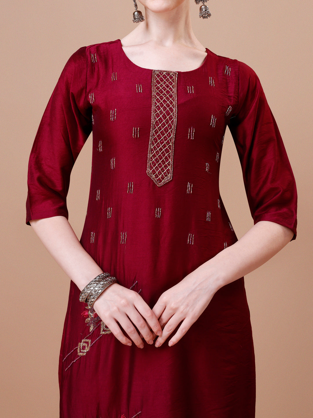 Placement Hand Embroidered Kurta With Pant & Dupatta Set, Multicolor - Hiral Fashion - Distacart