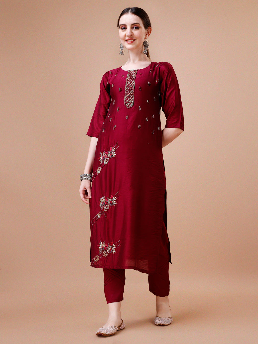 Placement Hand Embroidered Kurta With Pant & Dupatta Set, Multicolor - Hiral Fashion - Distacart
