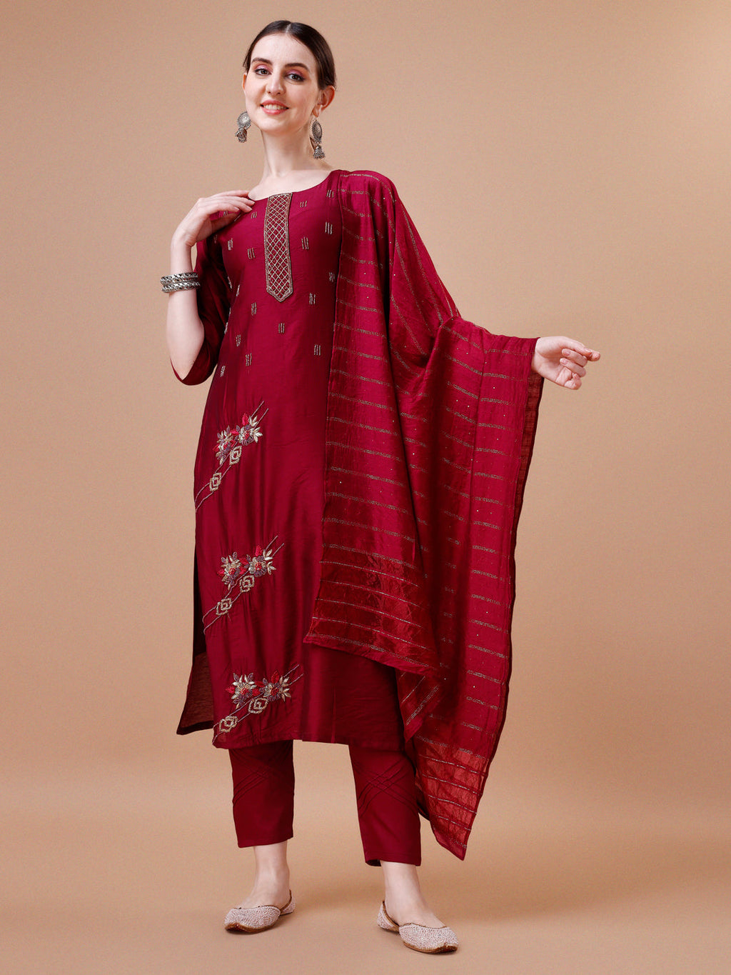 Placement Hand Embroidered Kurta With Pant & Dupatta Set, Multicolor - Hiral Fashion - Distacart