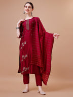 Placement Hand Embroidered Kurta With Pant & Dupatta Set, Multicolor - Hiral Fashion - Distacart