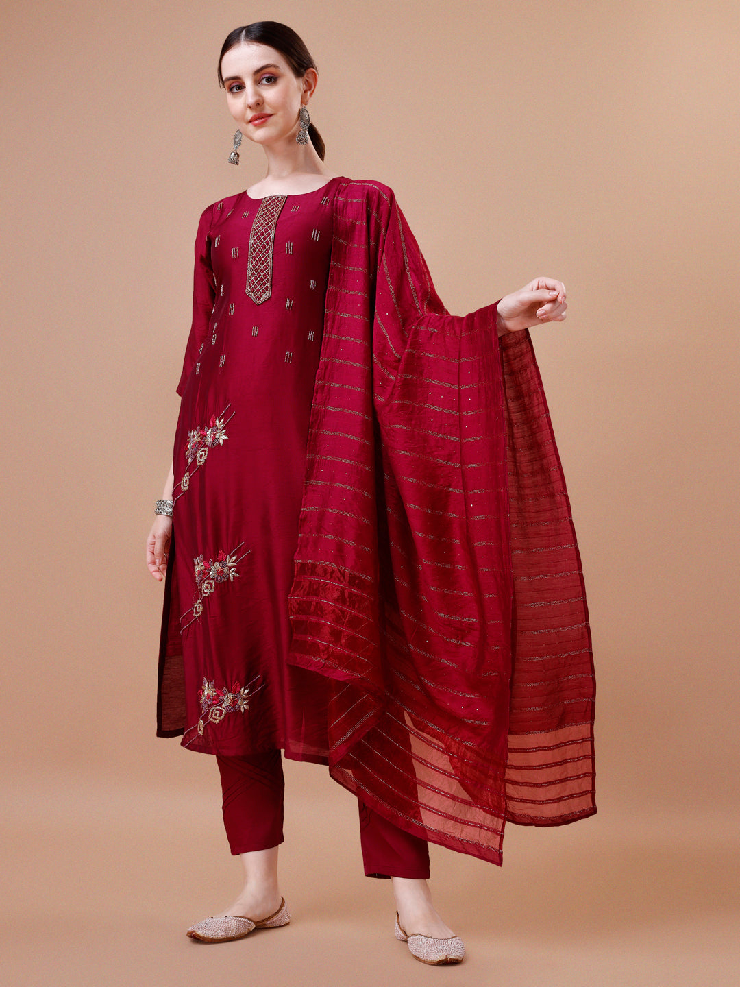Placement Hand Embroidered Kurta With Pant & Dupatta Set, Multicolor - Hiral Fashion - Distacart