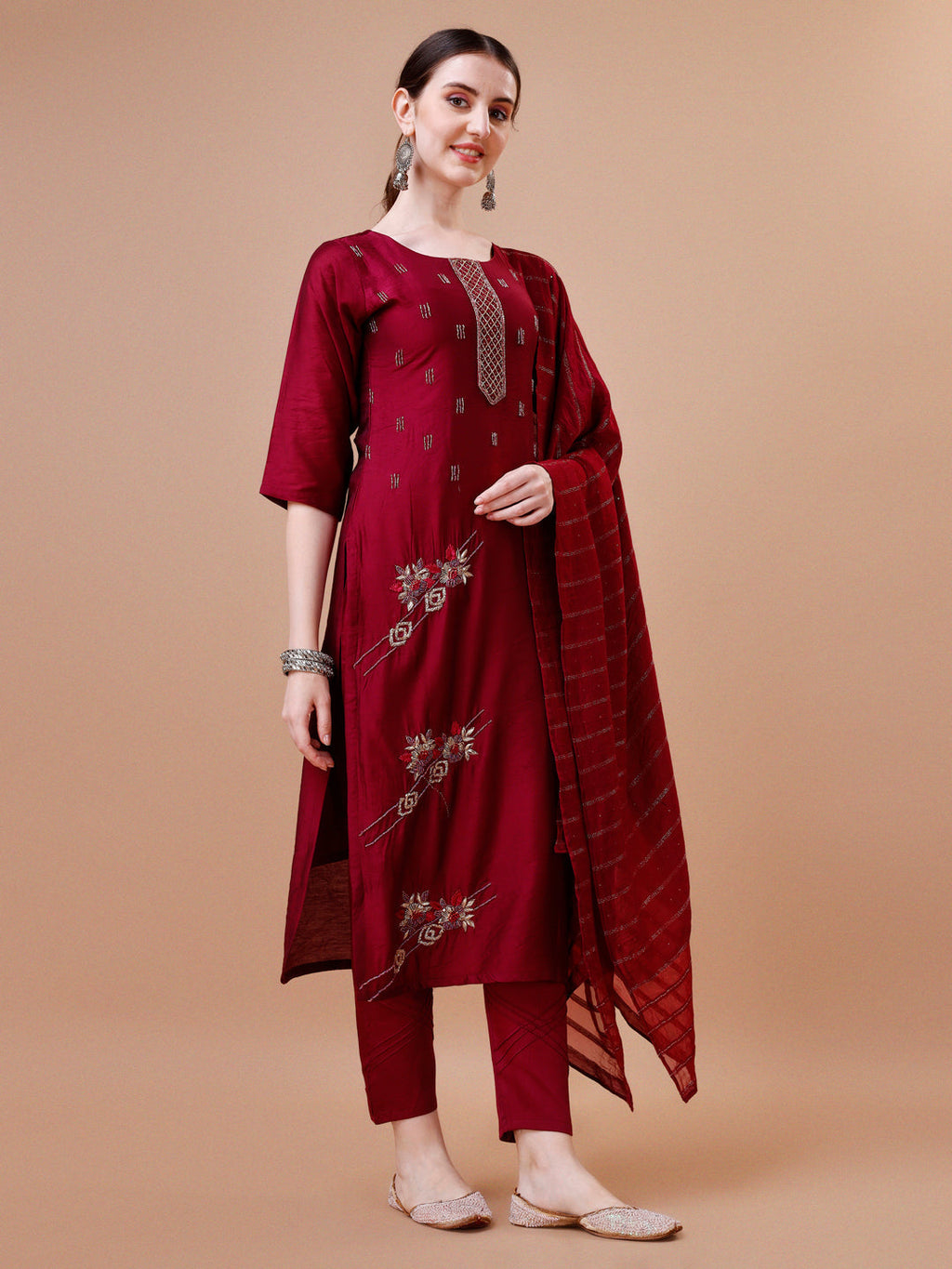 Placement Hand Embroidered Kurta With Pant & Dupatta Set, Multicolor - Hiral Fashion - Distacart