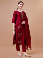 Placement Hand Embroidered Kurta With Pant & Dupatta Set, Multicolor - Hiral Fashion - Distacart