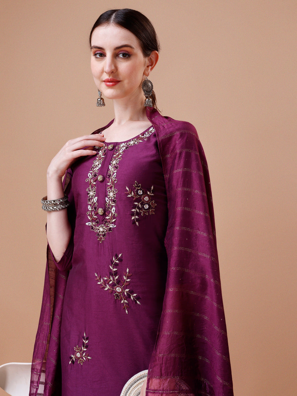 Placement Hand Embroidered Kurta With Pant & Dupatta Set, Multicolor - Hiral Fashion - Distacart