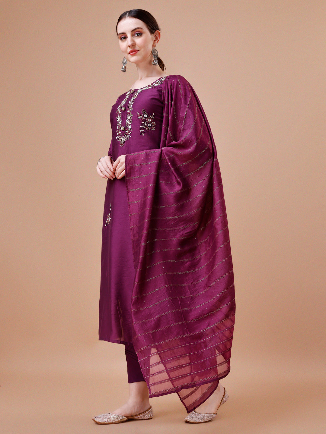 Placement Hand Embroidered Kurta With Pant & Dupatta Set, Multicolor - Hiral Fashion - Distacart