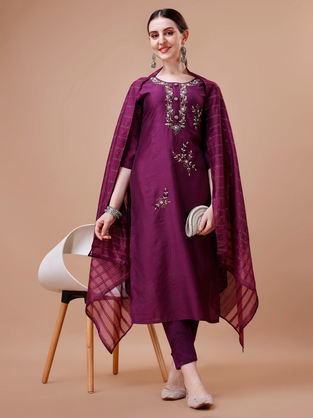 Placement Hand Embroidered Kurta With Pant & Dupatta Set, Multicolor - Hiral Fashion - Distacart