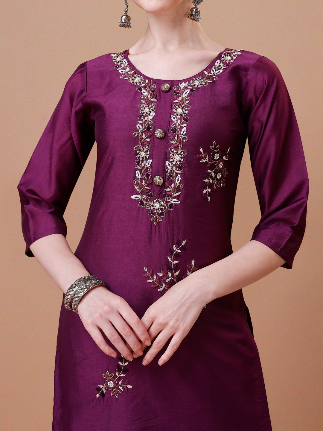Placement Hand Embroidered Kurta With Pant & Dupatta Set, Multicolor - Hiral Fashion - Distacart