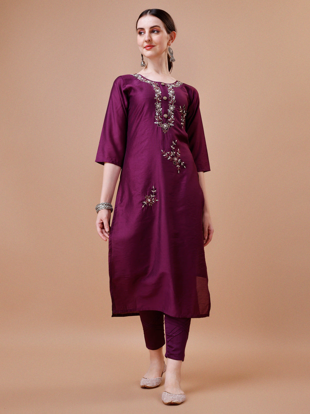 Placement Hand Embroidered Kurta With Pant & Dupatta Set, Multicolor - Hiral Fashion - Distacart