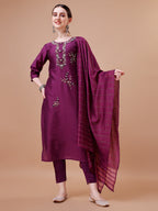 Placement Hand Embroidered Kurta With Pant & Dupatta Set, Multicolor - Hiral Fashion - Distacart