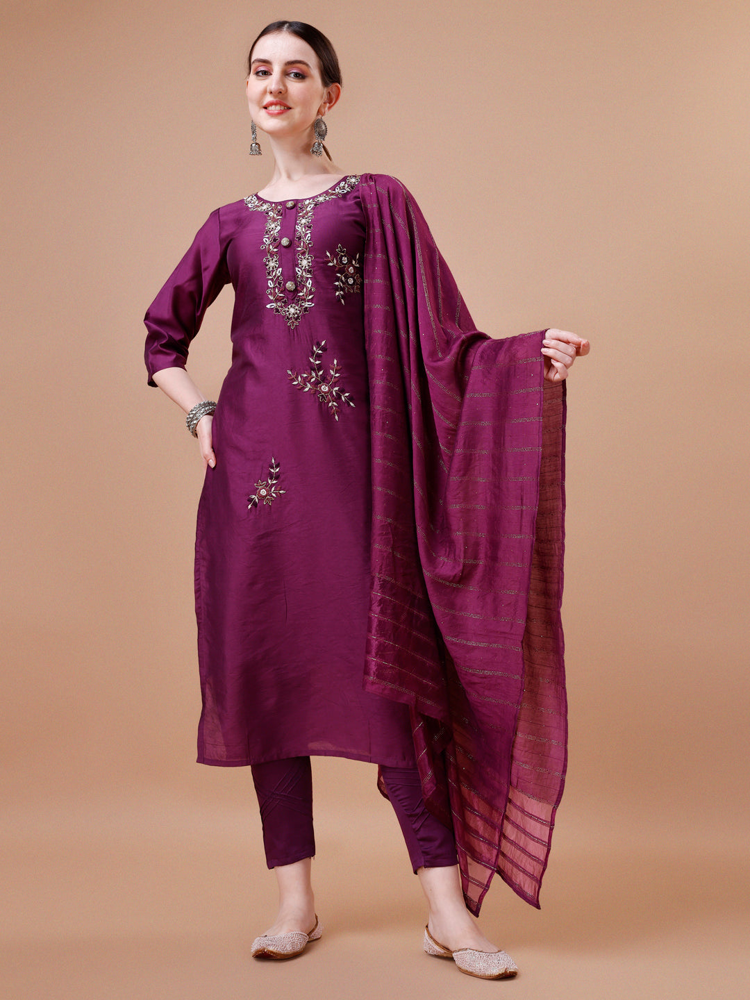 Placement Hand Embroidered Kurta With Pant & Dupatta Set, Multicolor - Hiral Fashion - Distacart