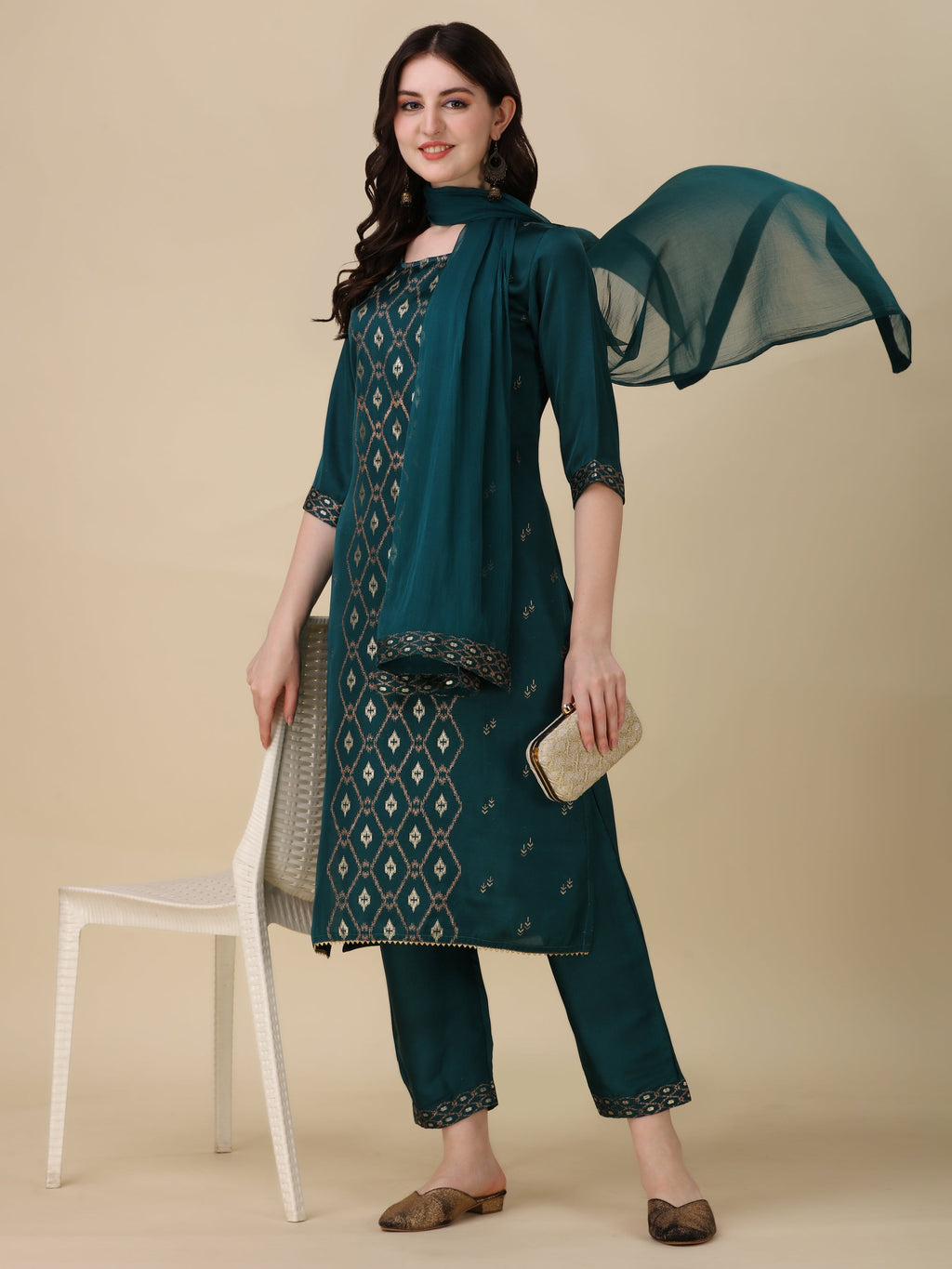 Foil Printed Kurta With Pant And Dupatta Set, Multicolor - Hiral Fashion - Distacart