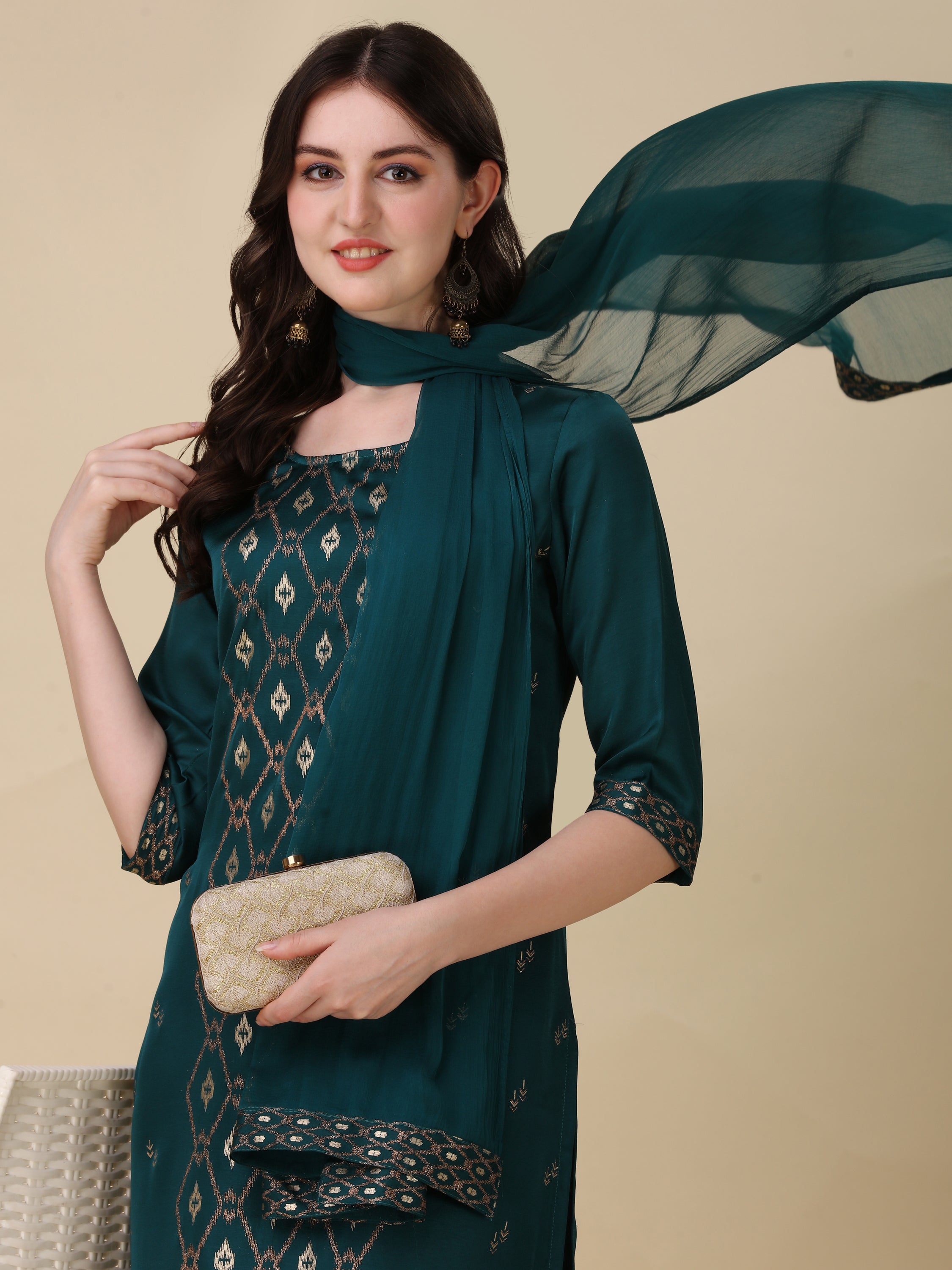 Foil Printed Kurta With Pant And Dupatta Set, Multicolor - Hiral Fashion - Distacart