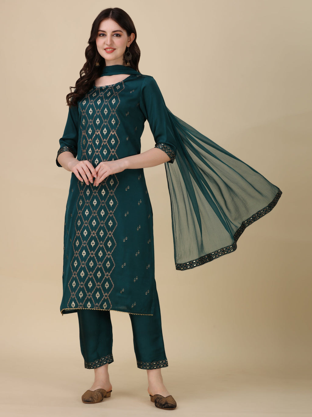 Foil Printed Kurta With Pant And Dupatta Set, Multicolor - Hiral Fashion - Distacart