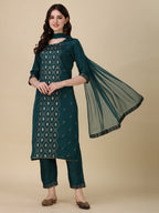 Foil Printed Kurta With Pant And Dupatta Set, Multicolor - Hiral Fashion - Distacart