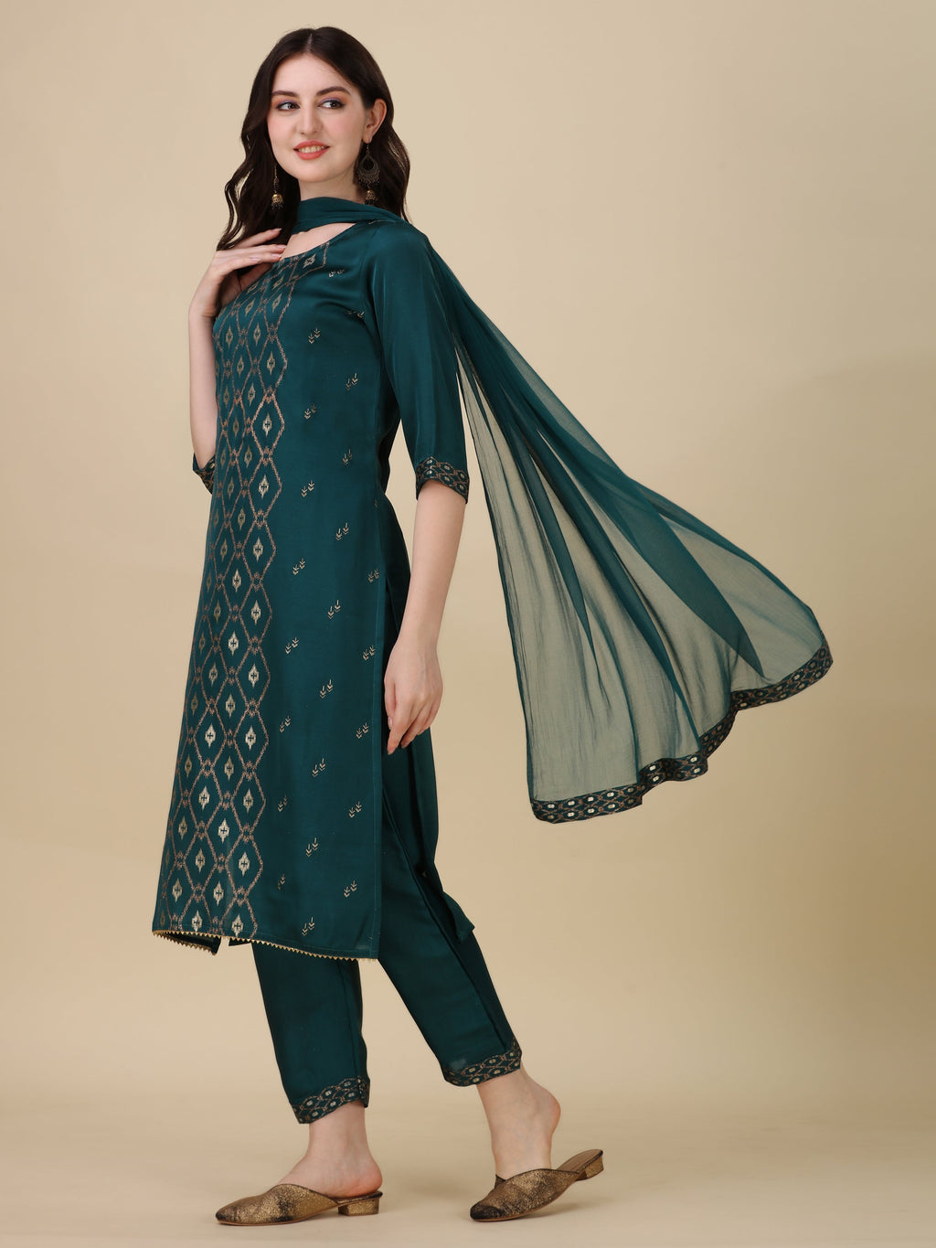 Foil Printed Kurta With Pant And Dupatta Set, Multicolor - Hiral Fashion - Distacart