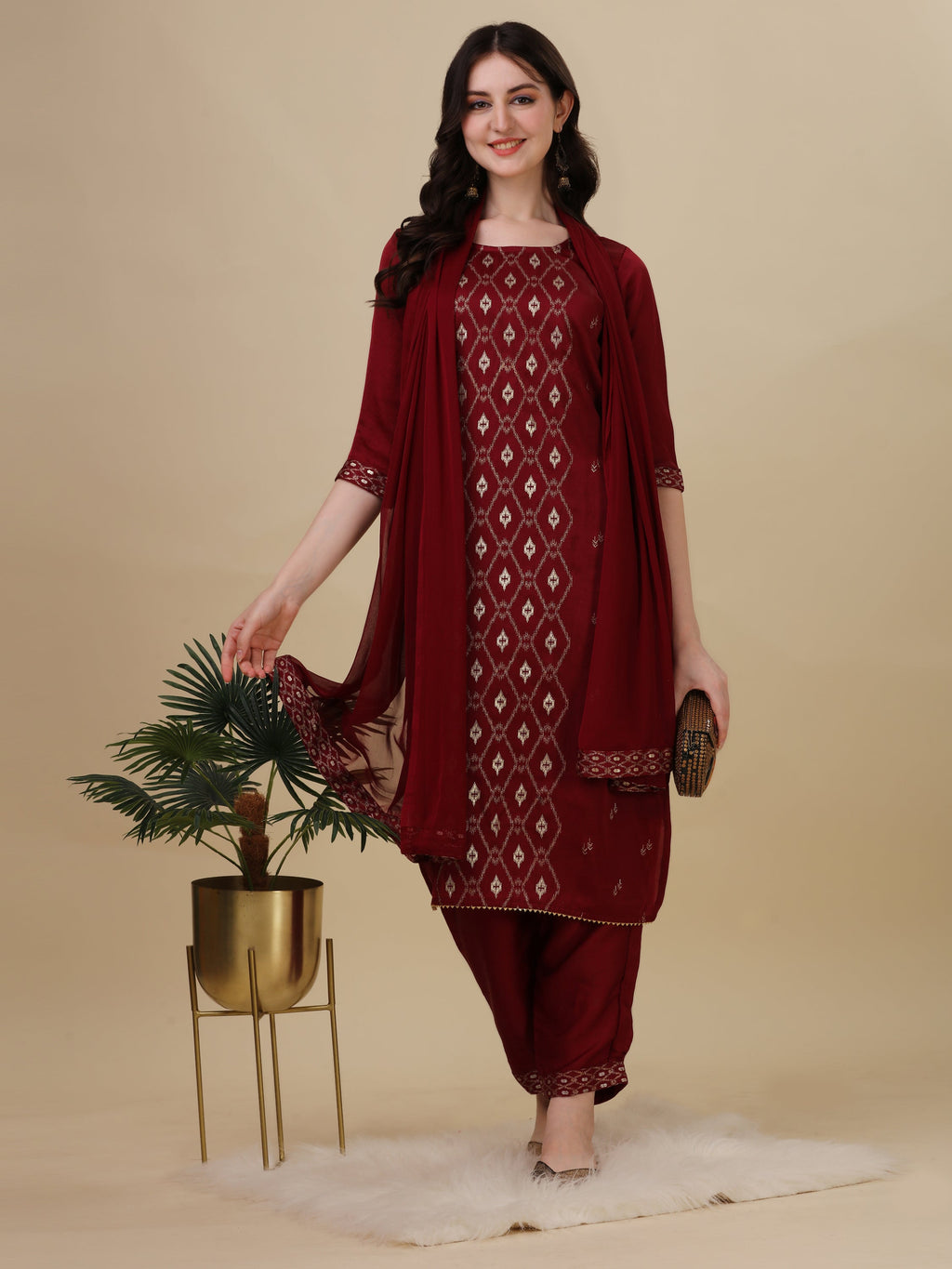 Foil Printed Kurta With Pant And Dupatta Set, Multicolor - Hiral Fashion - Distacart