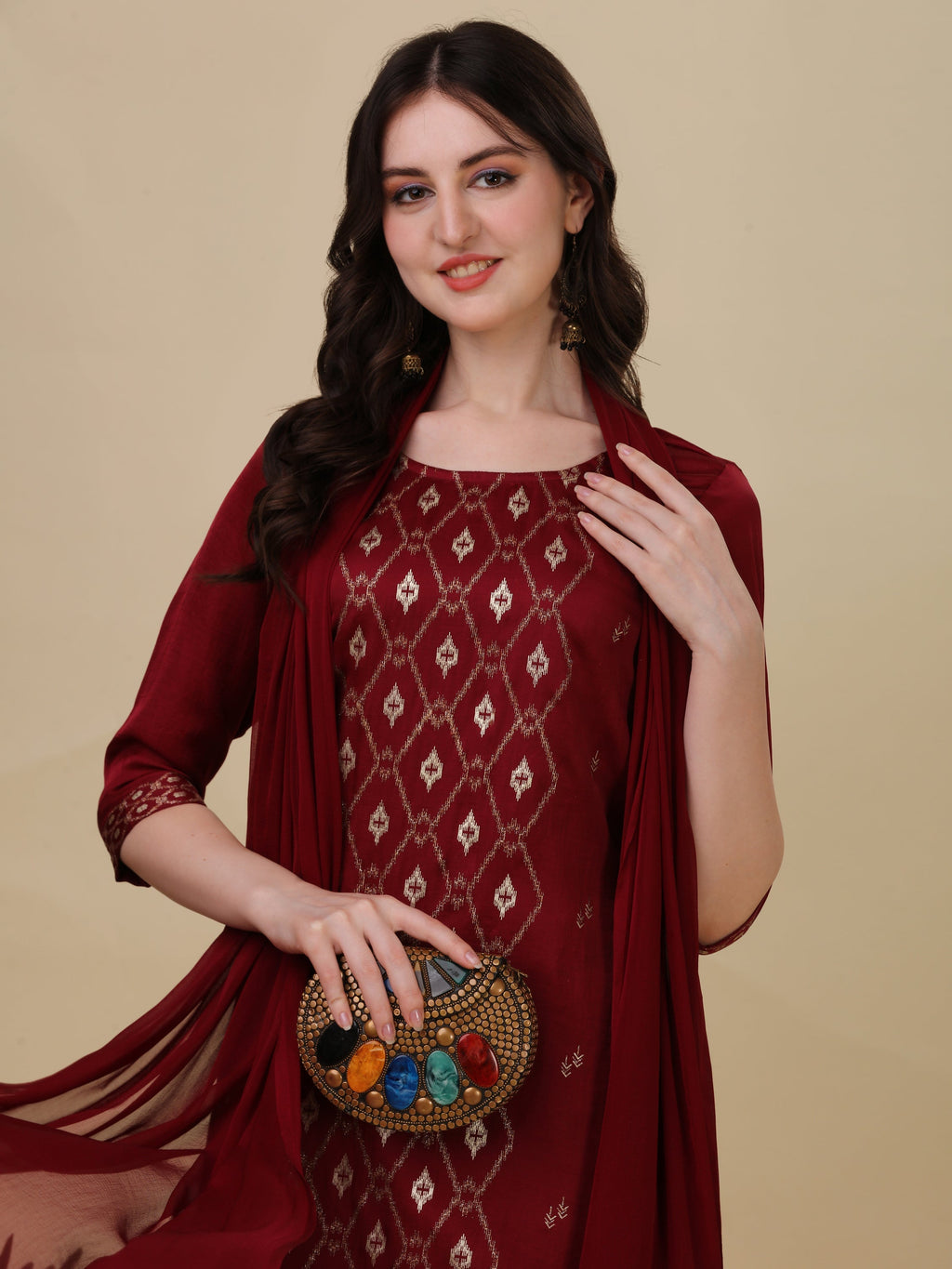 Foil Printed Kurta With Pant And Dupatta Set, Multicolor - Hiral Fashion - Distacart