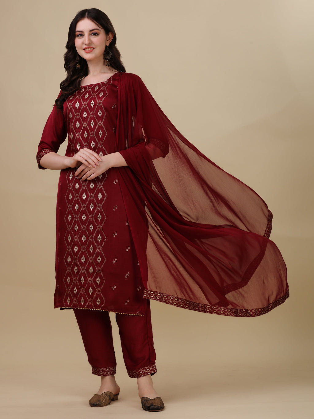 Foil Printed Kurta With Pant And Dupatta Set, Multicolor - Hiral Fashion - Distacart