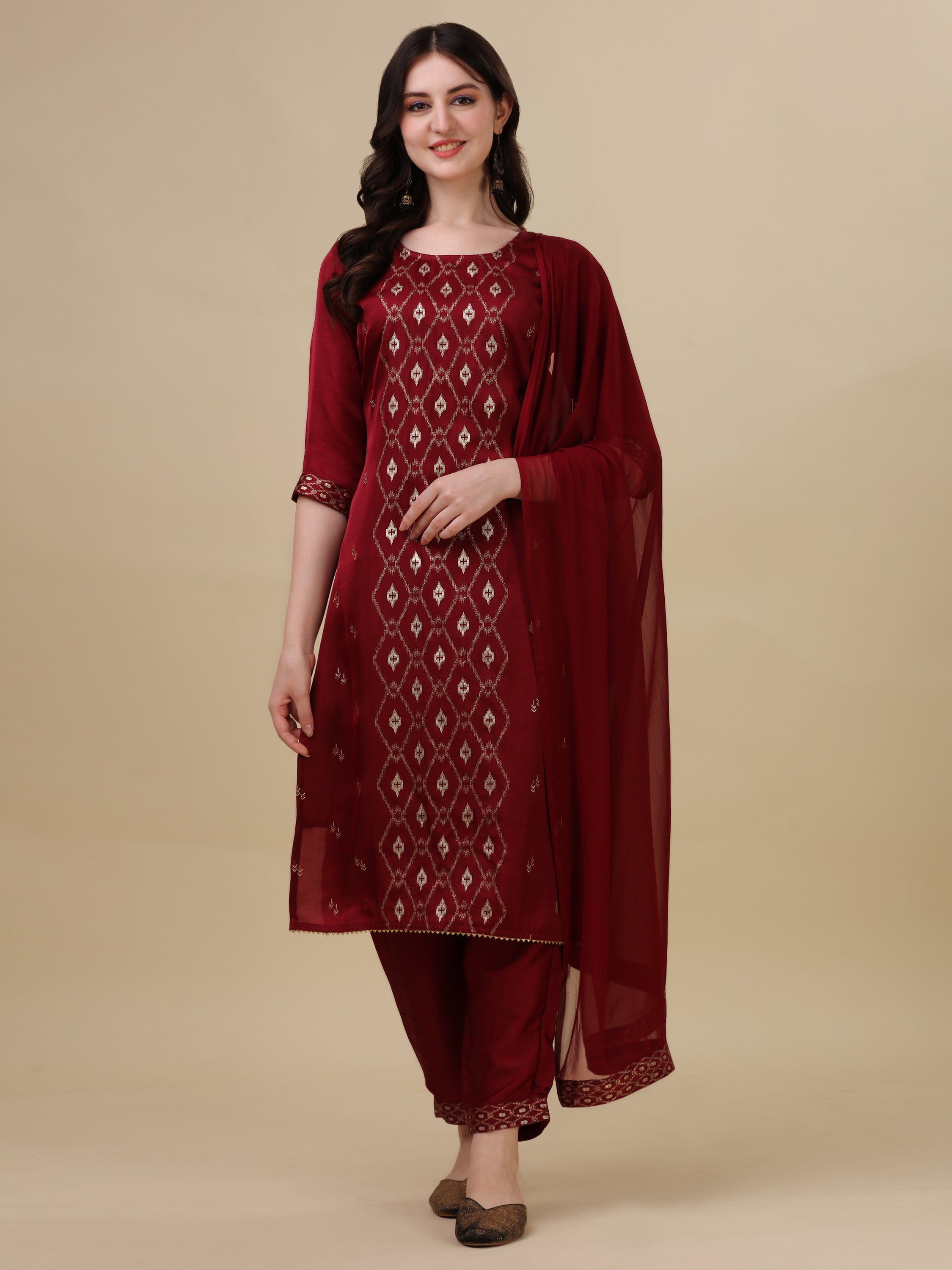 Foil Printed Kurta With Pant And Dupatta Set, Multicolor - Hiral Fashion - Distacart