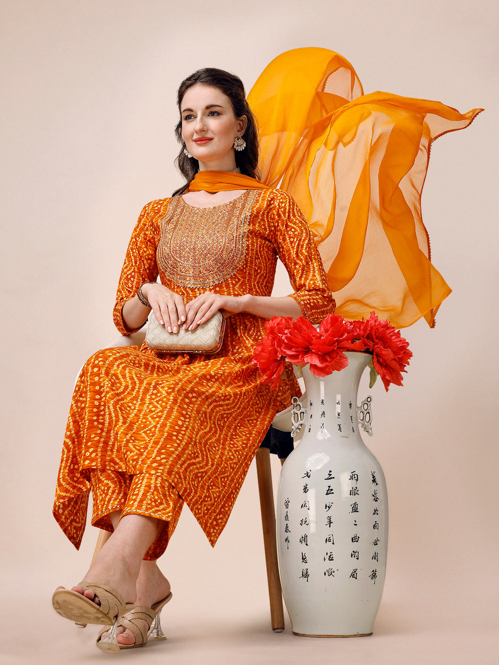 Bandhani Printed & Embroidered Kurta With Pant & Dupatta Set, Multicolor - Hiral Fashion - Distacart