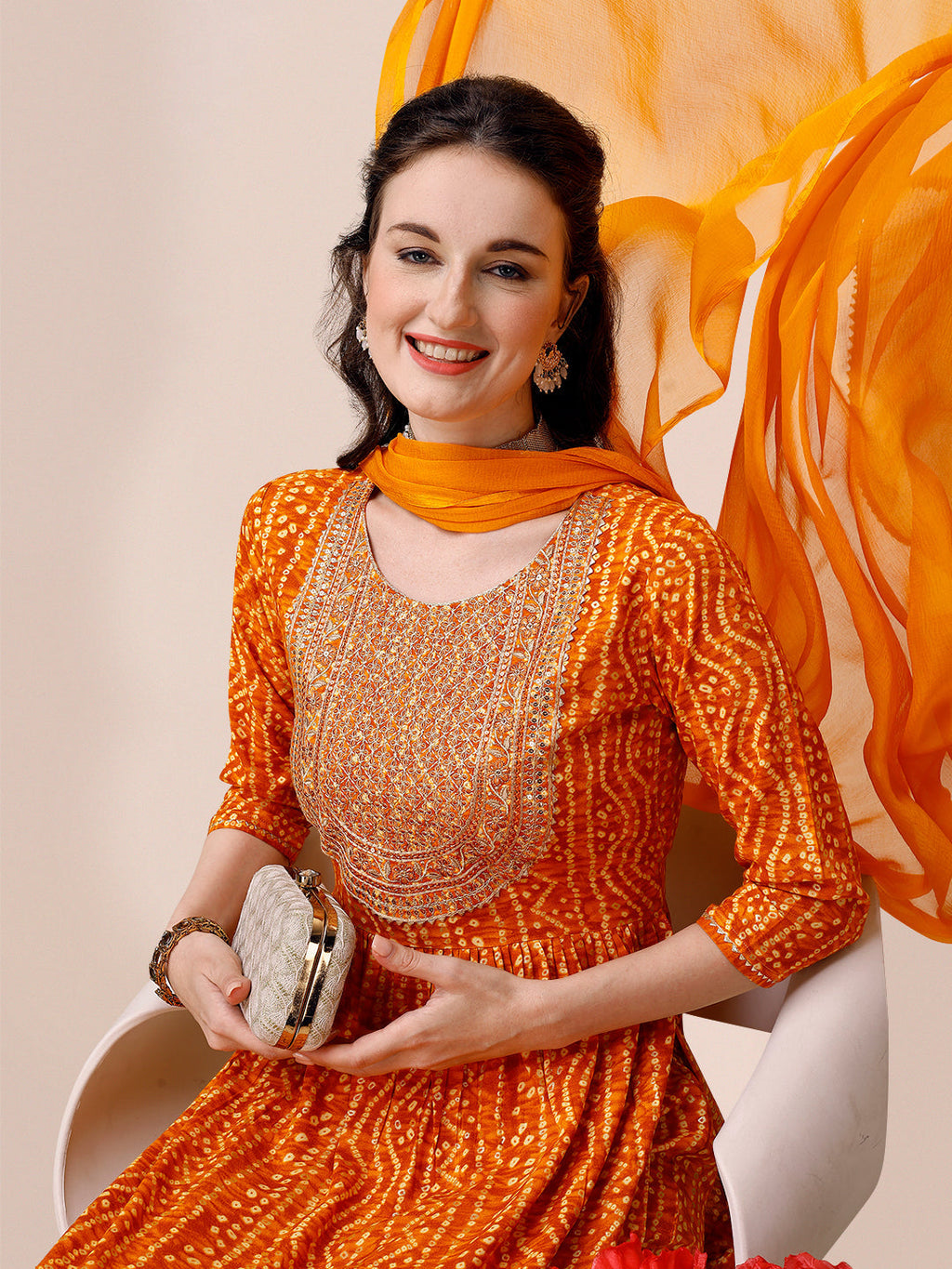 Bandhani Printed & Embroidered Kurta With Pant & Dupatta Set, Multicolor - Hiral Fashion - Distacart