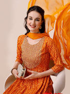 Bandhani Printed & Embroidered Kurta With Pant & Dupatta Set, Multicolor - Hiral Fashion - Distacart