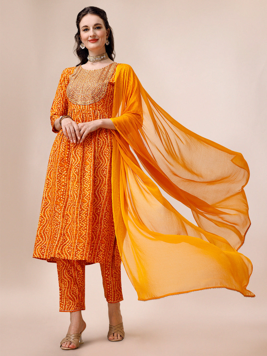 Bandhani Printed & Embroidered Kurta With Pant & Dupatta Set, Multicolor - Hiral Fashion - Distacart