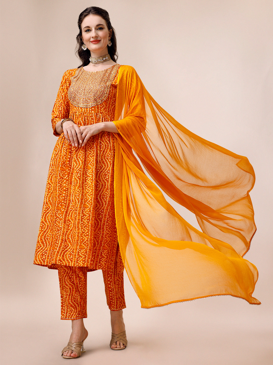 Bandhani Printed & Embroidered Kurta With Pant & Dupatta Set, Multicolor - Hiral Fashion - Distacart