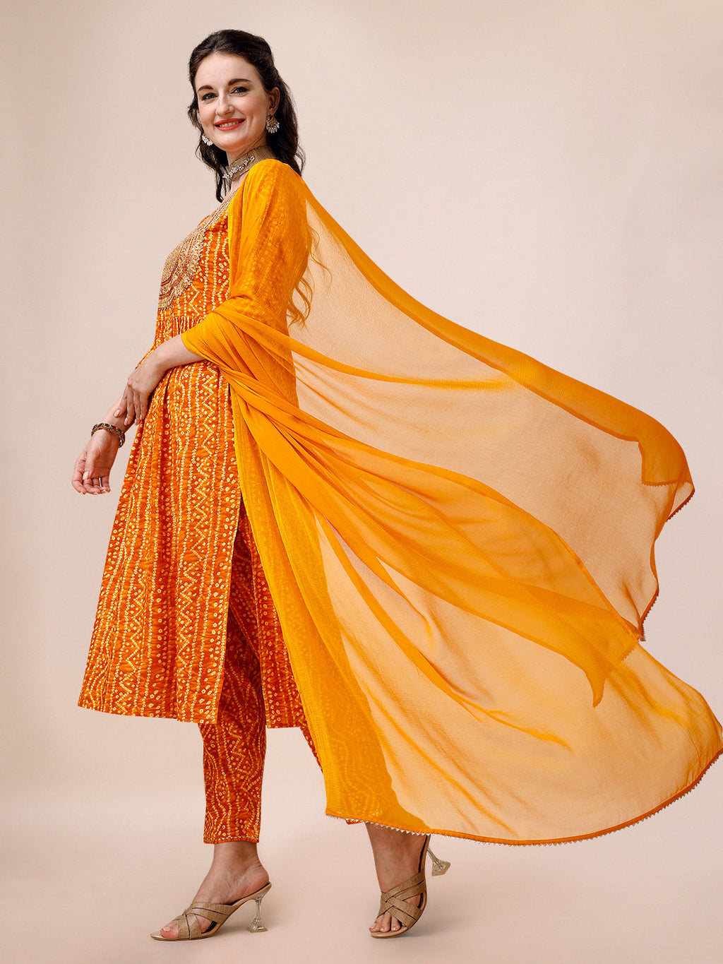 Bandhani Printed & Embroidered Kurta With Pant & Dupatta Set, Multicolor - Hiral Fashion - Distacart
