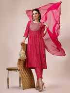 Bandhani Printed & Embroidered Kurta With Pant & Dupatta Set, Multicolor - Hiral Fashion - Distacart