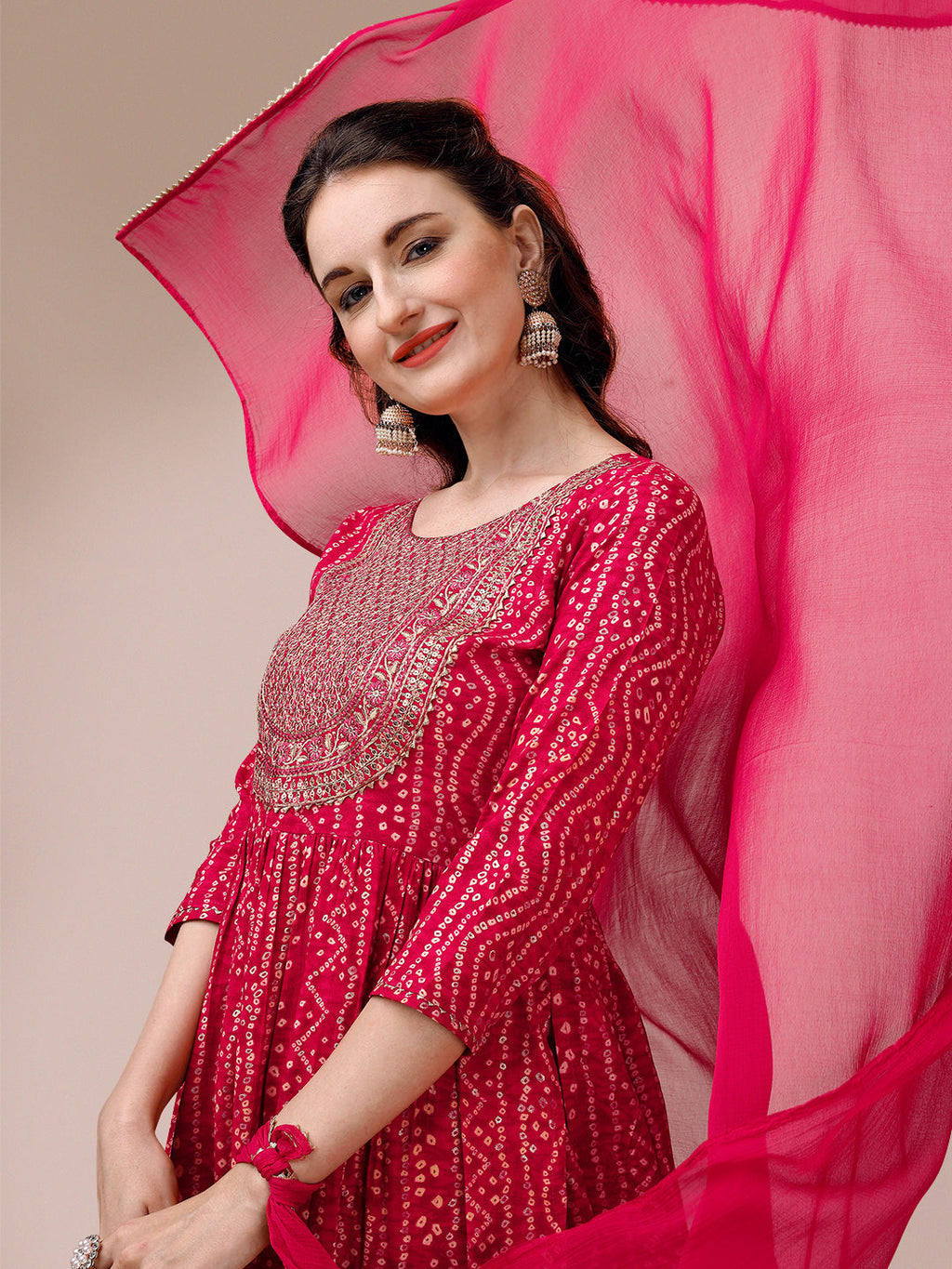 Bandhani Printed & Embroidered Kurta With Pant & Dupatta Set, Multicolor - Hiral Fashion - Distacart