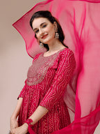 Bandhani Printed & Embroidered Kurta With Pant & Dupatta Set, Multicolor - Hiral Fashion - Distacart