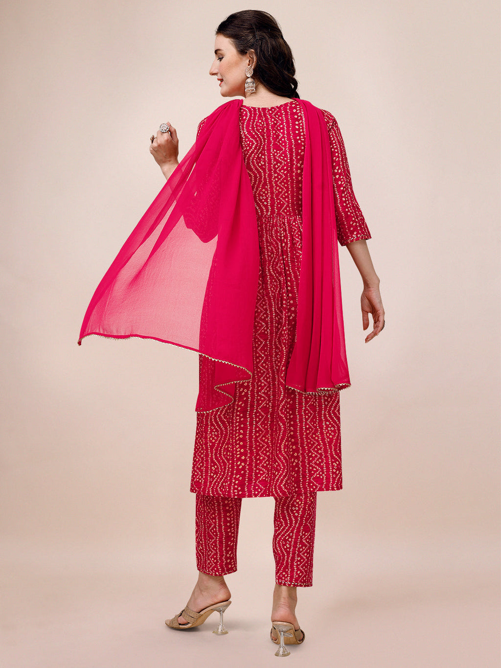 Bandhani Printed & Embroidered Kurta With Pant & Dupatta Set, Multicolor - Hiral Fashion - Distacart