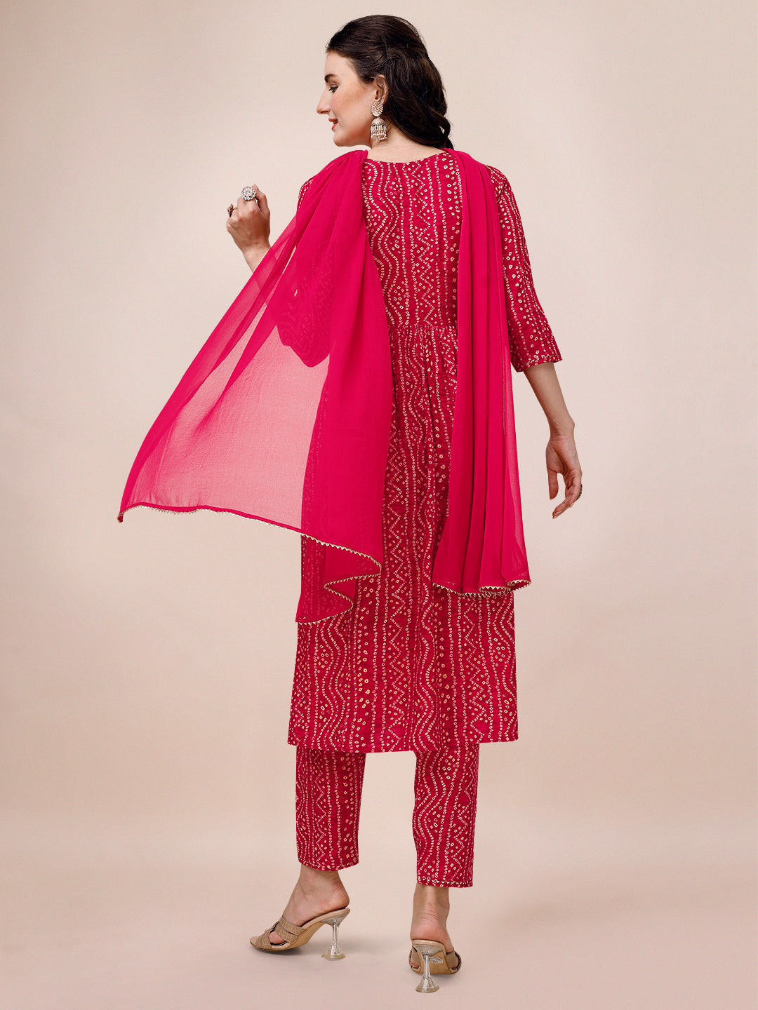 Bandhani Printed & Embroidered Kurta With Pant & Dupatta Set, Multicolor - Hiral Fashion - Distacart