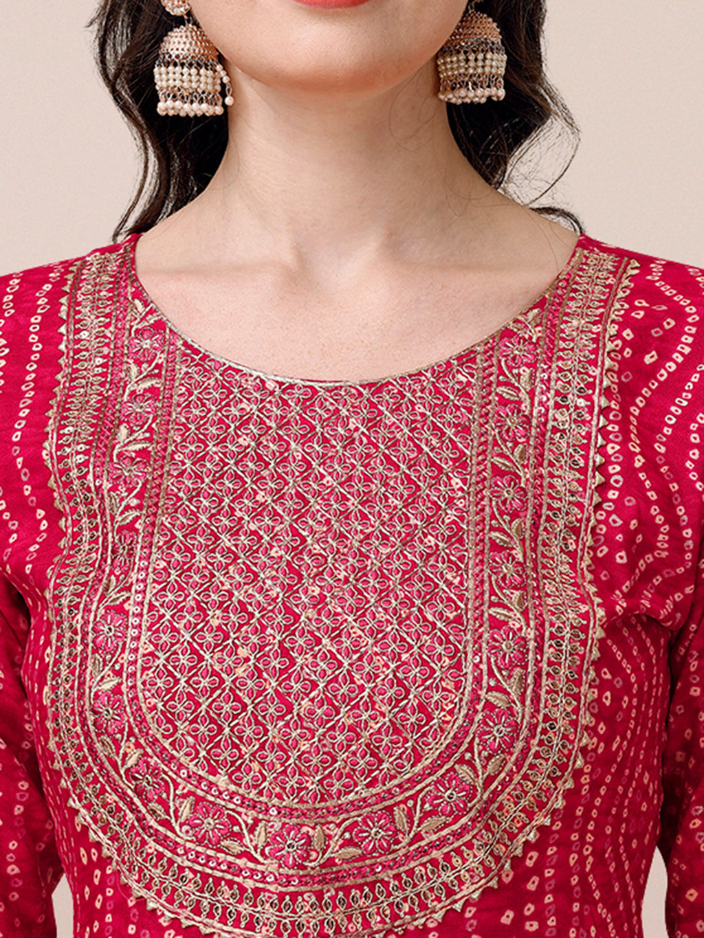 Bandhani Printed & Embroidered Kurta With Pant & Dupatta Set, Multicolor - Hiral Fashion - Distacart