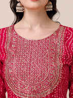 Bandhani Printed & Embroidered Kurta With Pant & Dupatta Set, Multicolor - Hiral Fashion - Distacart