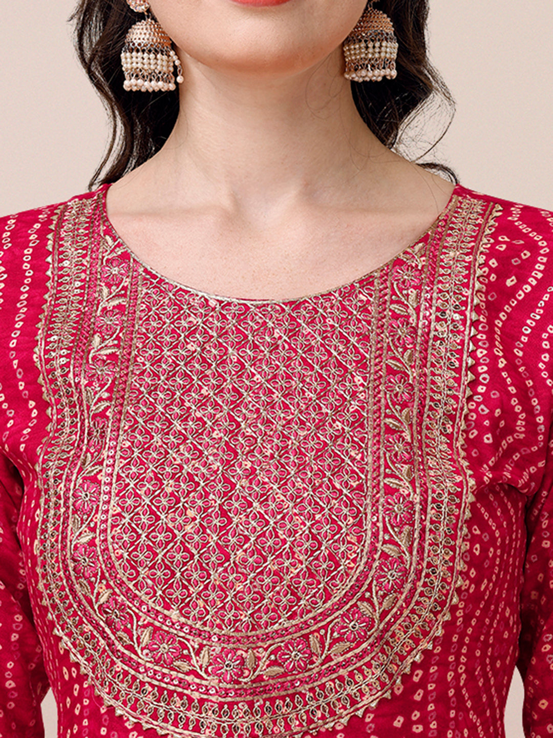 Bandhani Printed & Embroidered Kurta With Pant & Dupatta Set, Multicolor - Hiral Fashion - Distacart
