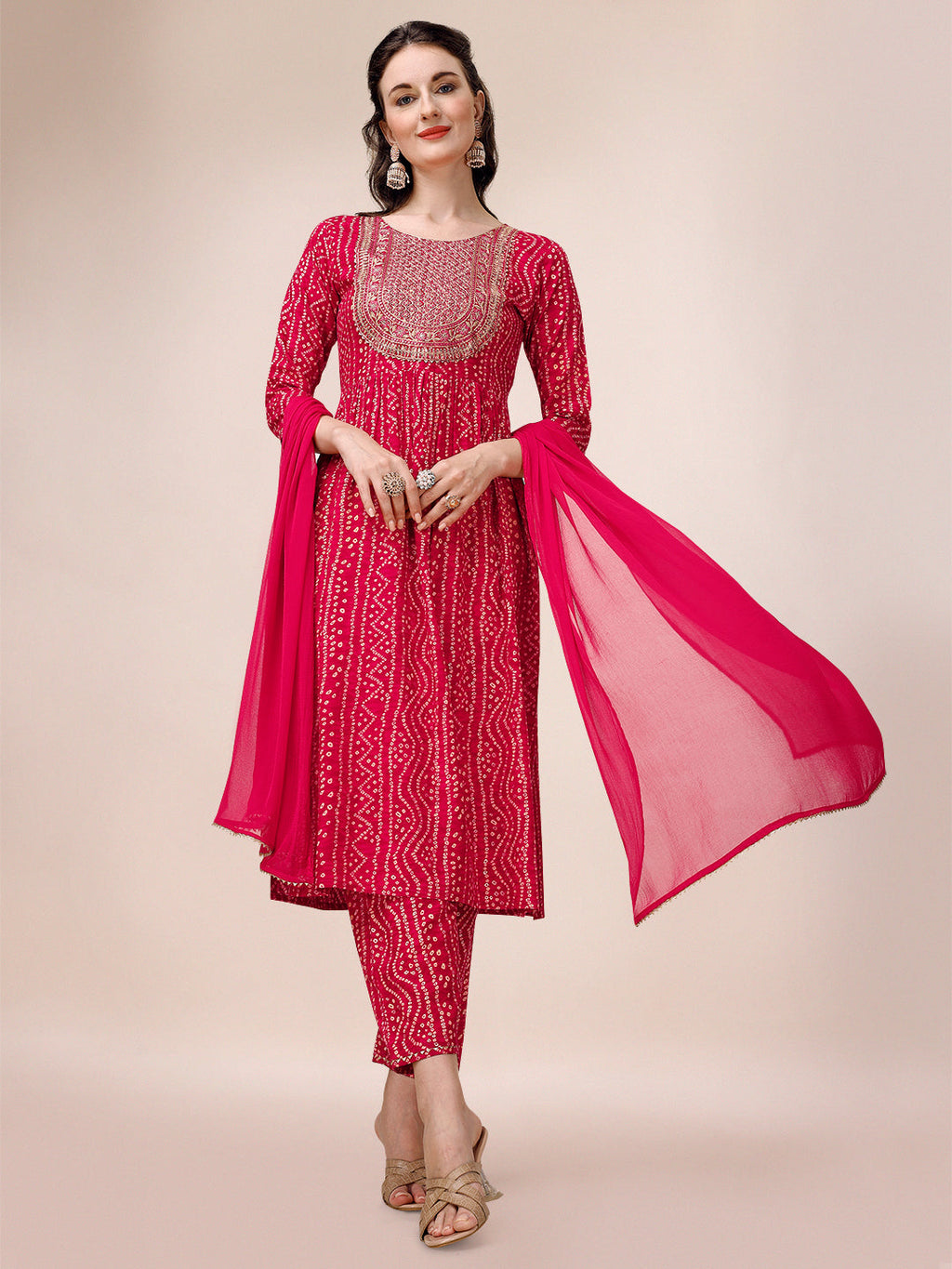 Bandhani Printed & Embroidered Kurta With Pant & Dupatta Set, Multicolor - Hiral Fashion - Distacart