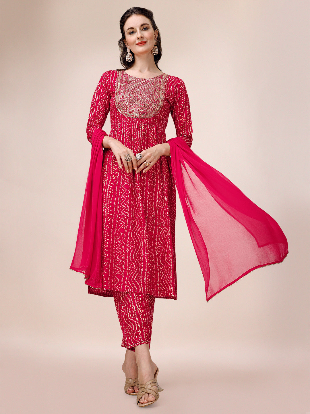 Bandhani Printed & Embroidered Kurta With Pant & Dupatta Set, Multicolor - Hiral Fashion - Distacart