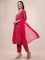 Bandhani Printed & Embroidered Kurta With Pant & Dupatta Set, Multicolor - Hiral Fashion - Distacart