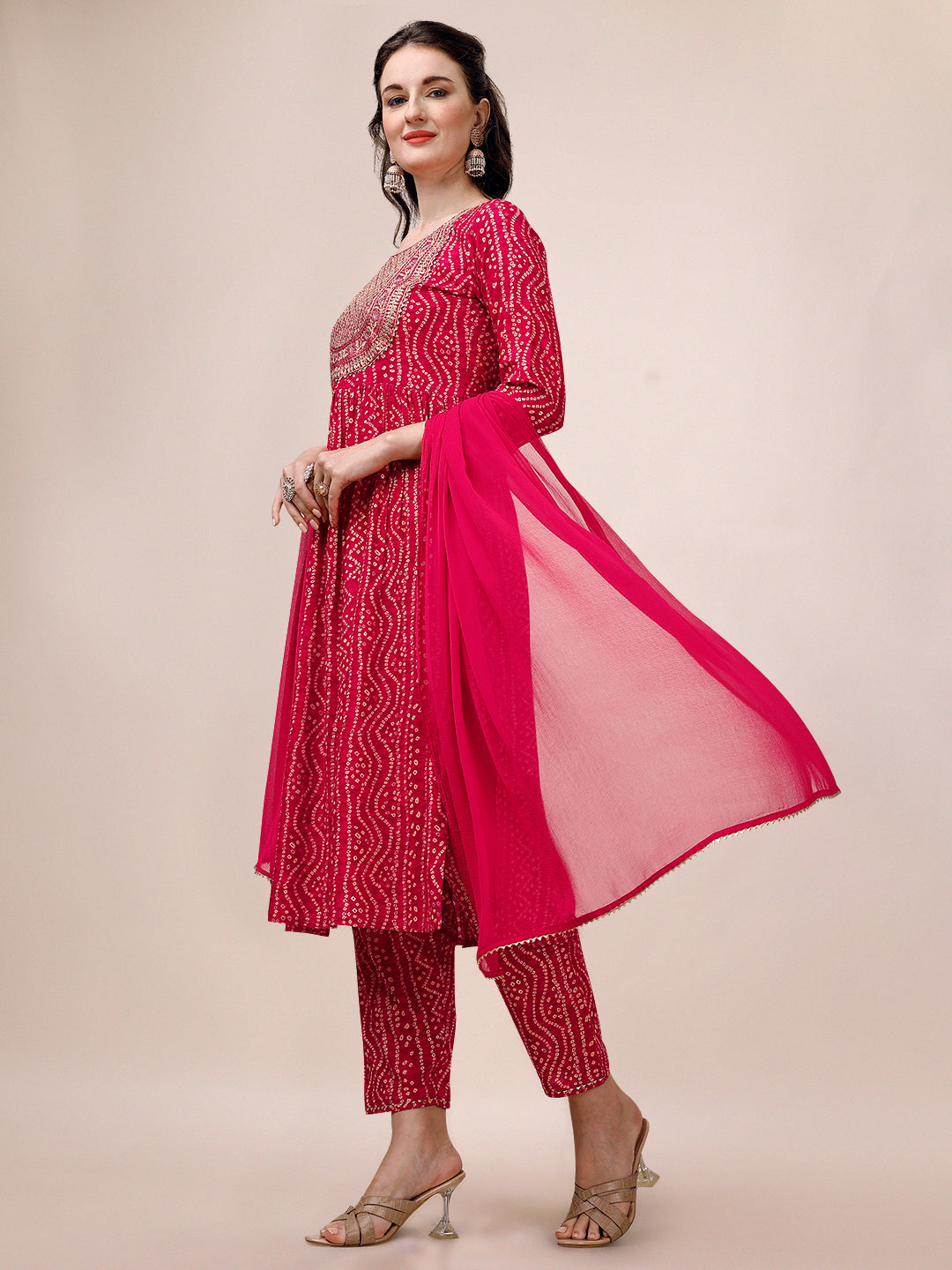 Bandhani Printed & Embroidered Kurta With Pant & Dupatta Set, Multicolor - Hiral Fashion - Distacart