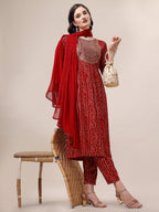 Bandhani Printed & Embroidered Kurta With Pant & Dupatta Set, Multicolor - Hiral Fashion - Distacart