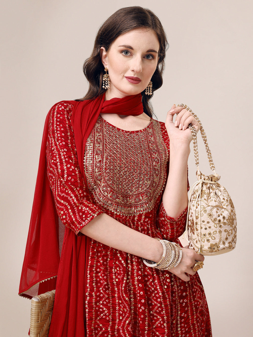 Bandhani Printed & Embroidered Kurta With Pant & Dupatta Set, Multicolor - Hiral Fashion - Distacart