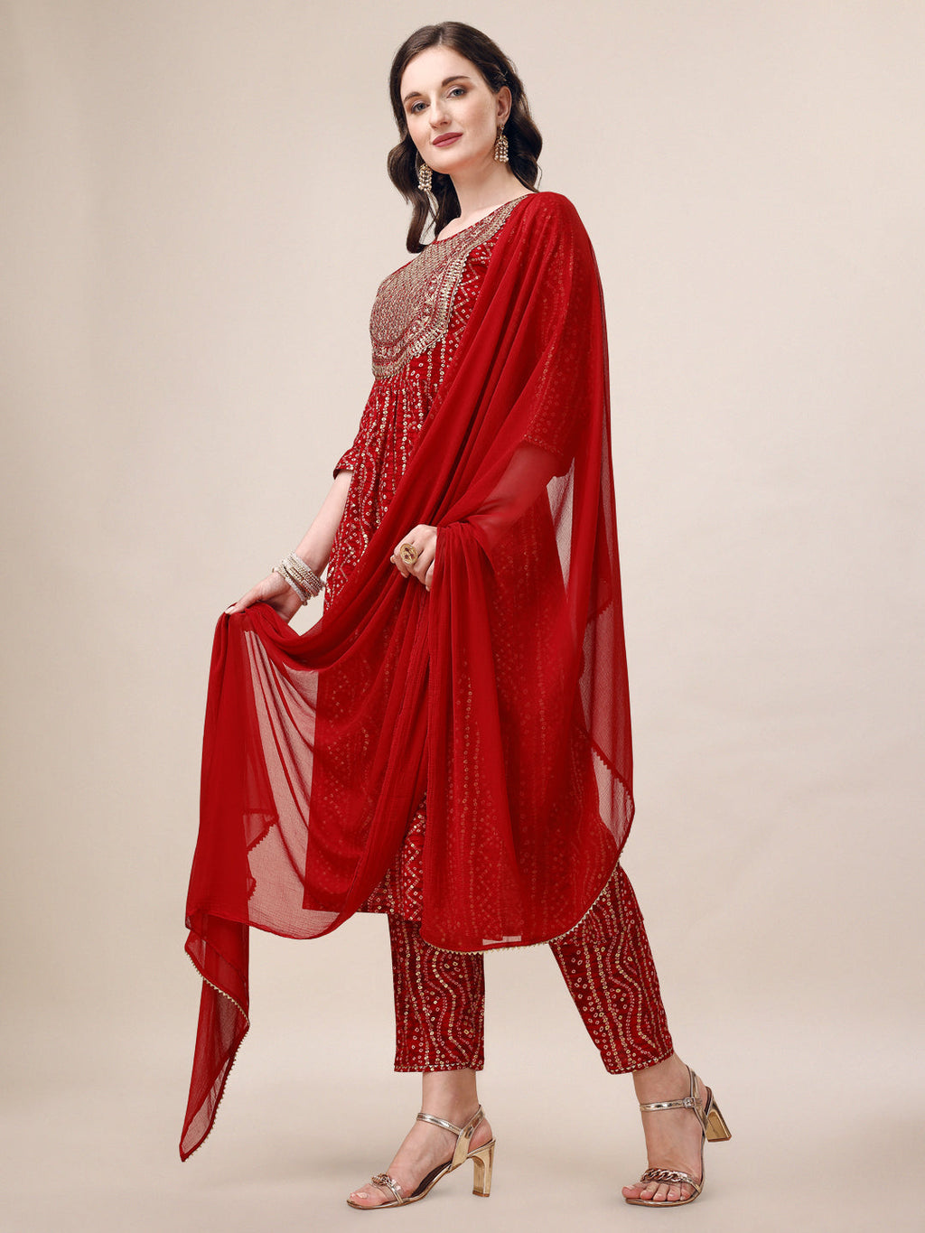 Bandhani Printed & Embroidered Kurta With Pant & Dupatta Set, Multicolor - Hiral Fashion - Distacart