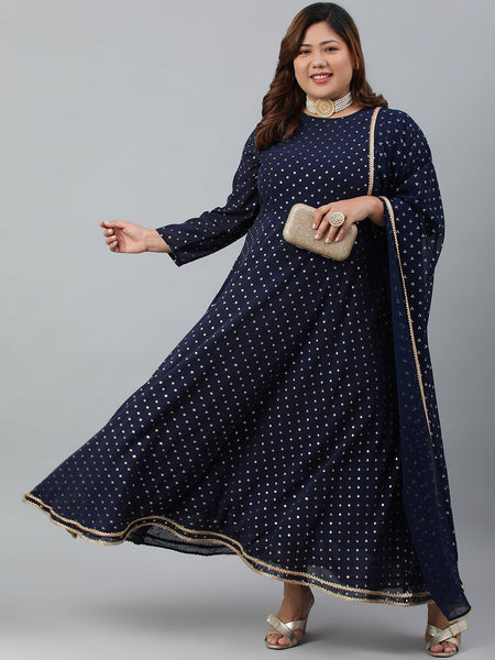 Indian Clothing Janasya XL LOVE by Janasya Women's Plus Size Navy Blue Poly Georgette Kurta and Dupatta